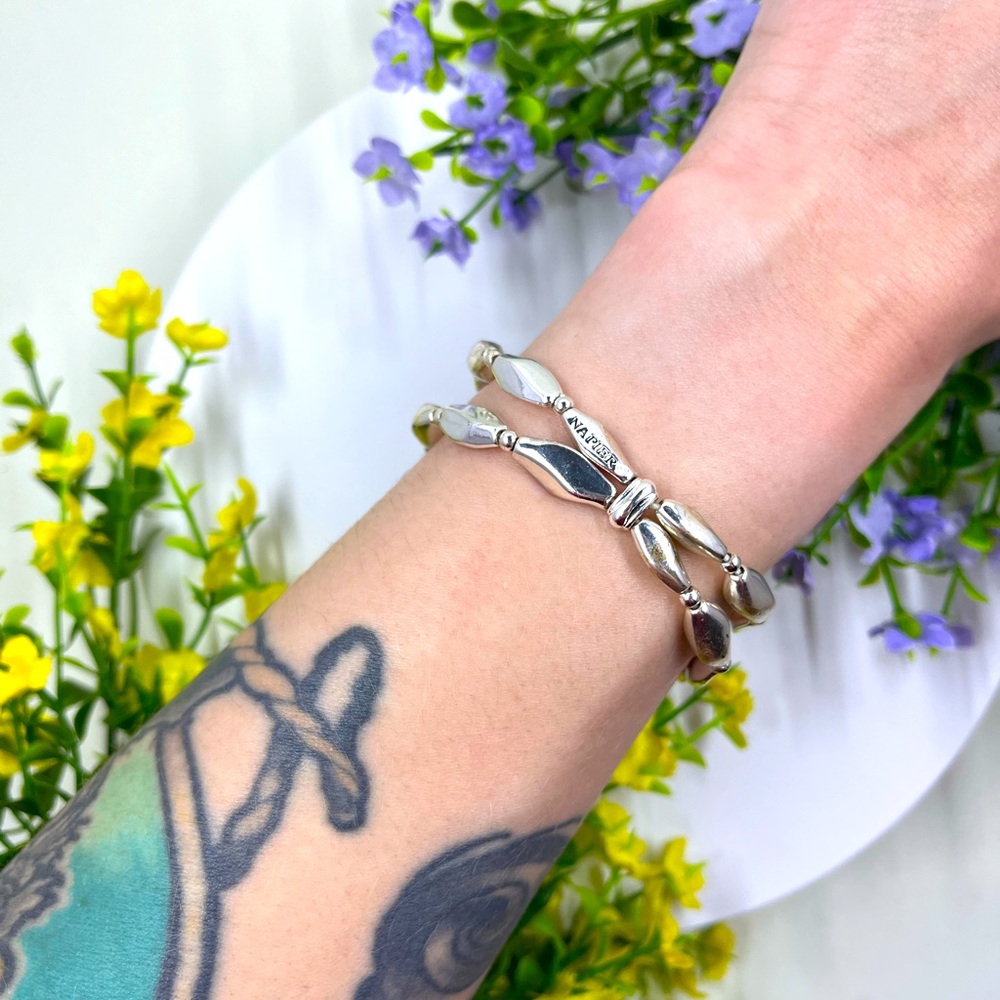Napier Signed Silver Plated Bead Double Strand Stretchy Bracelet